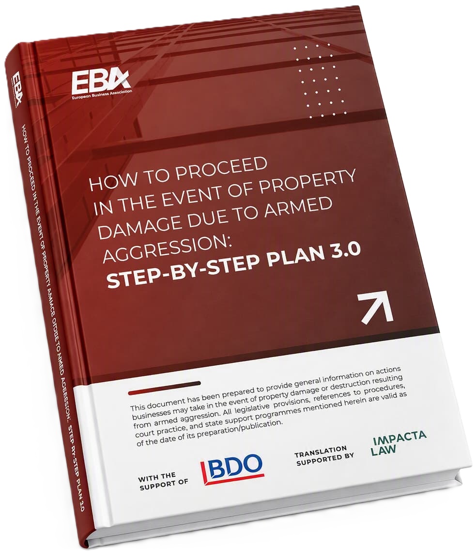 Cover of a slim brochure with a dark red design, featuring the text “How businesses should respond to property damage resulting from armed aggression: a step-by-step plan.” The EBA logo is visible at the top, and at the bottom is the BDO logo and a text block describing the document