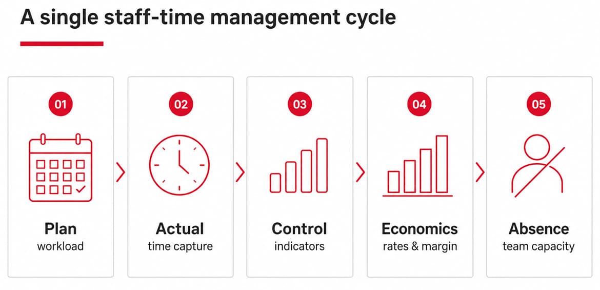Infographic illustrating a unified 5-stage employee time management cycle: workload planning, actual hours tracking, monitoring of KPIs and performance indicators, analysis of rate and margin efficiency, and management of staff absences and team resources