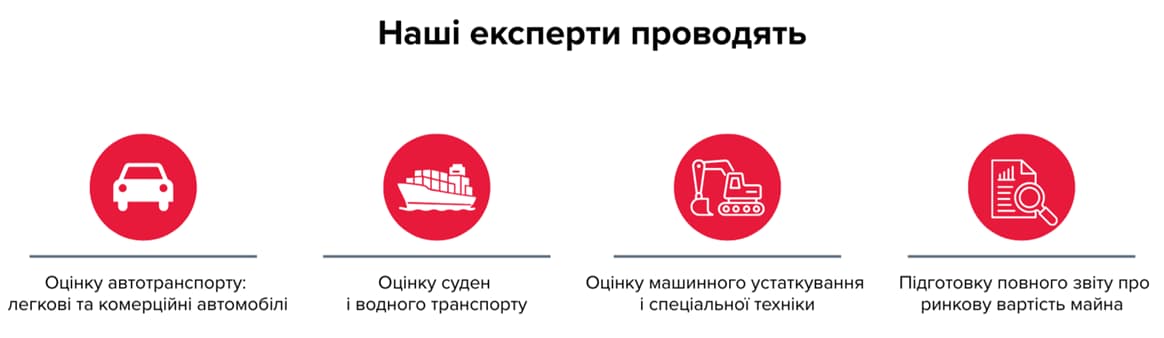 Іконки та перелік послуг BDO в Україні: оцінка легкових і комерційних автомобілів, оцінка суден і водного транспорту, оцінка машинного обладнання та спецтехніки, підготовка повного звіту про ринкову вартість майна.