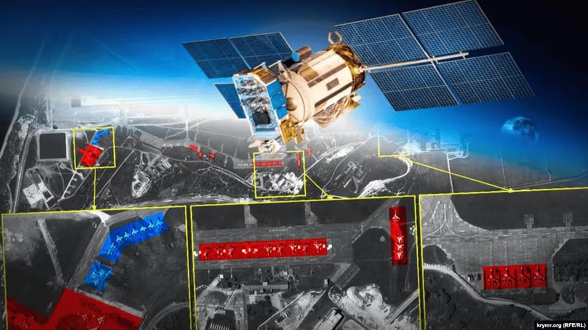 Collage showing a satellite image and a space photograph of Russian weapons at Belbek airfield