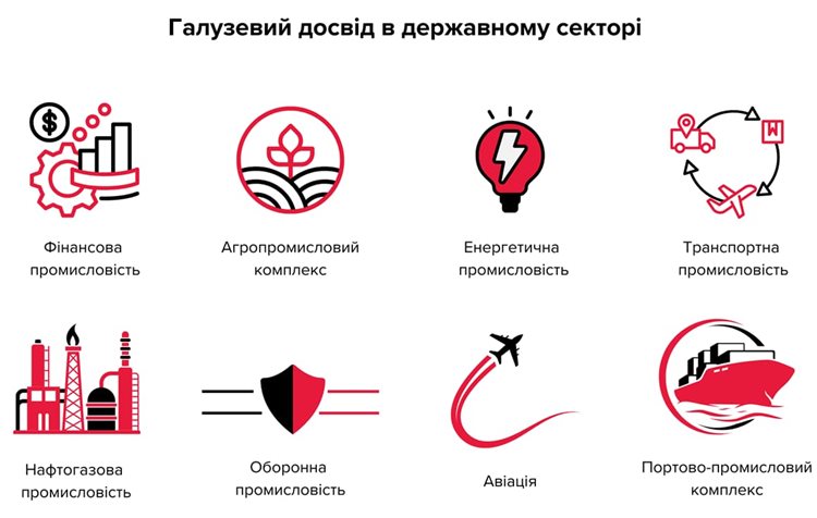 Інфографіка про галузевий досвід BDO в Україні в державному секторі. Зображені ключові напрями: фінансова промисловість, агропромисловий комплекс, енергетична промисловість, транспортна промисловість, нафтогазова промисловість, оборонна промисловість, авіація та портово промисловий комплекс. Кожен сектор позначений окремою іконкою у фірмовому стилі BDO