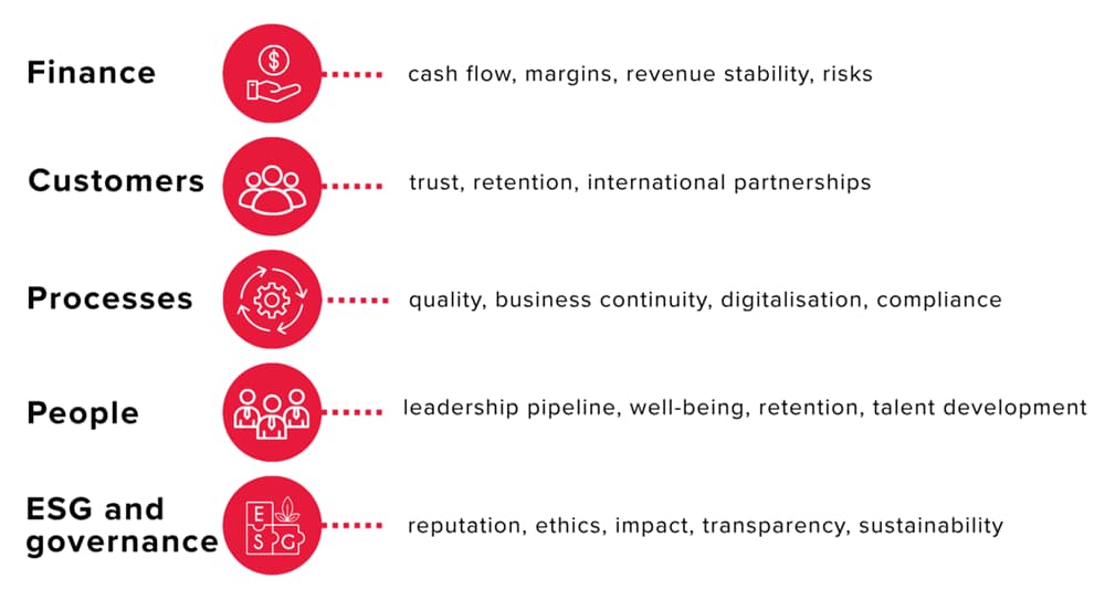 Balanced Scorecard for Business Recovery — Finance (cash flow, margins, risks), Customers (trust, retention), Processes (quality, continuity, digitalization), People (talent, well-being), ESG and Governance (reputation, transparency, sustainability)