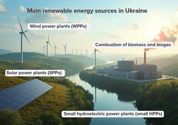 Major Sources of Renewable Energy in Ukraine — Infographic Infographic on the major sources of renewable energy in Ukraine. The image shows wind farms on hills, solar panels in the foreground, a bioenergy plant burning biomass and biogas near a river, and a hydroelectric facility representing small hydroelectric power plants. The image includes corresponding text captions for each type of renewable energy source