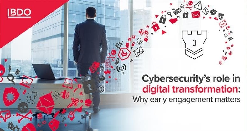 The image features the BDO logo in the upper left corner, a modern office environment, and the silhouette of a person standing in front of large windows overlooking the city. On the right is the text ‘The role of cybersecurity in digital transformation: why it is important to start acting as early as possible.’ Surrounding it are red and grey icons symbolising cyber threats, data protection, digital risks and security elements.
