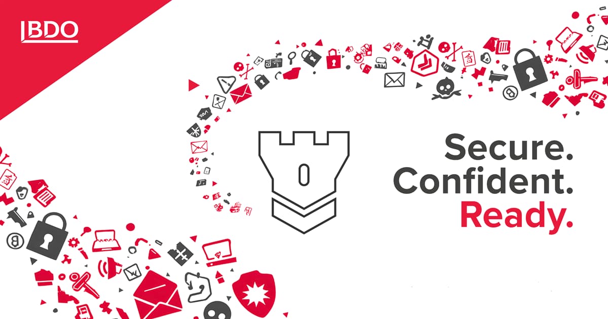 Graphic image for the cybersecurity page with the BDO logo in the upper left corner, a silhouette of a fortress as a symbol of protection, and the slogan "Protected. Confident. Ready." on the right. Around it are icons of cyber threats and security: locks, keys, letters, warning signs, shields, and other elements that represent risks and means of protection.