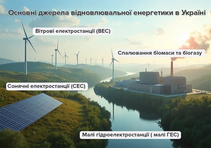 Інфографіка про основні джерела відновлюваної енергетики в Україні. Зображено вітрові електростанції на пагорбах, сонячні панелі на передньому плані, біоенергетичну станцію зі спалюванням біомаси та біогазу поруч з річкою, а також гідроенергетичний об’єкт, що позначає малі гідроелектростанції. На зображенні розміщені відповідні текстові підписи для кожного типу ВДЕ