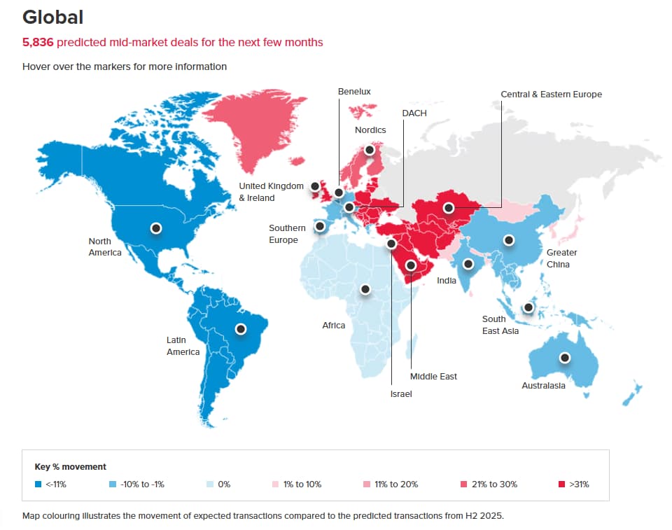 Global map of forecasted mid‑market M&A activity according to BDO Horizons 2026. Map colouring illustrates the movement of expected transactions compared to the predicted transactions from H2 2025.