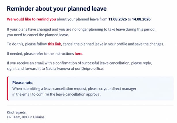 Automated Leave Reminder Email in Power Platform for Employee Vacation Management Employee leave reminder email generated through Power Platform, displaying planned vacation dates, leave cancellation instructions, manager approval requirements, and automated HR notifications for workforce and absence management